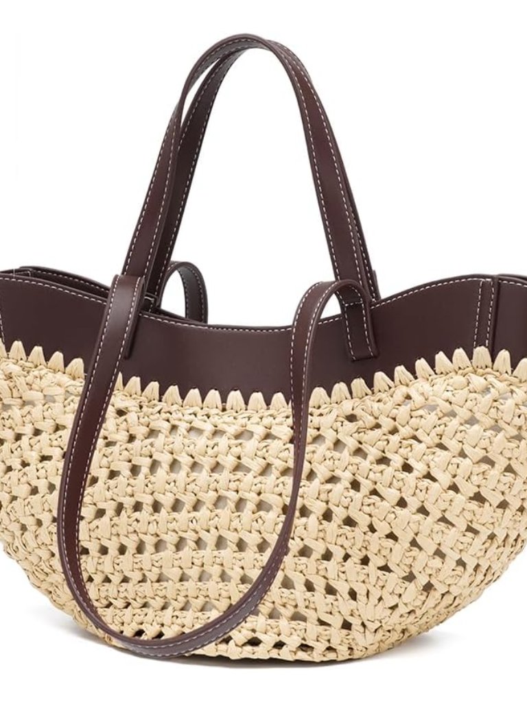 Large Straw Tote Bag For Women, Woven Summer Beach Bag With Leather Trim & Doubl